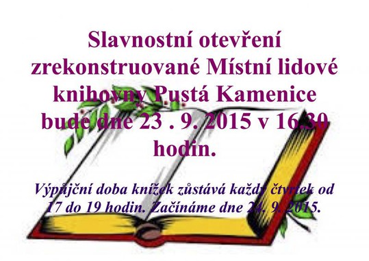 Pozvánka - Slavnostní otevření zrekonstruované Místní lidové knihovny v Pusté Kamenici