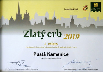 Zlatý erb 2019 - Pardubický kraj - 2. místo v kategorii nejlepší webové stránky obce