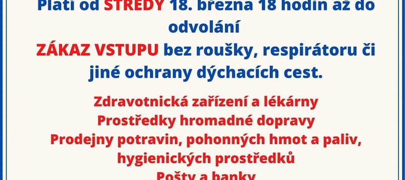 POZOR - MIMOŘÁDNÉ OPATŘENÍ ohledně povinného nošení roušek nebo respirátorů