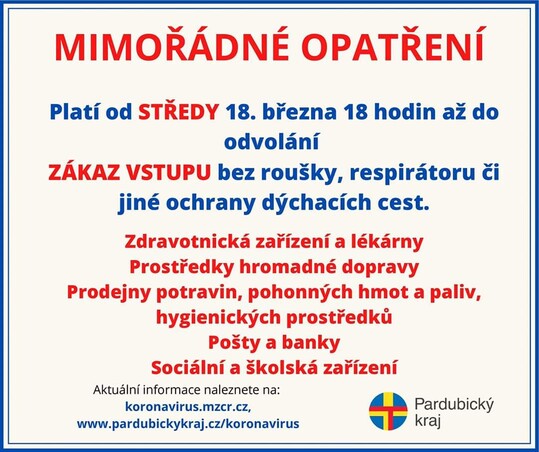 POZOR - MIMOŘÁDNÉ OPATŘENÍ ohledně povinného nošení roušek nebo respirátorů