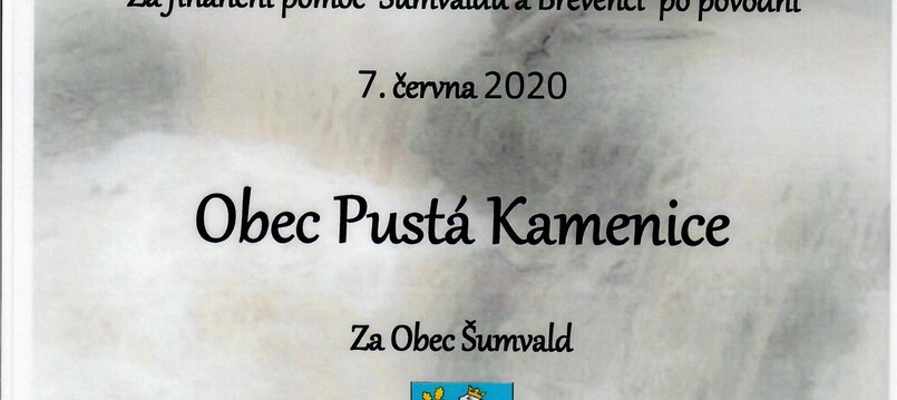 Poděkování obci Pustá Kamenice za finanční pomoc Šumvaldu a Břevenci po povodni 7.6.2020