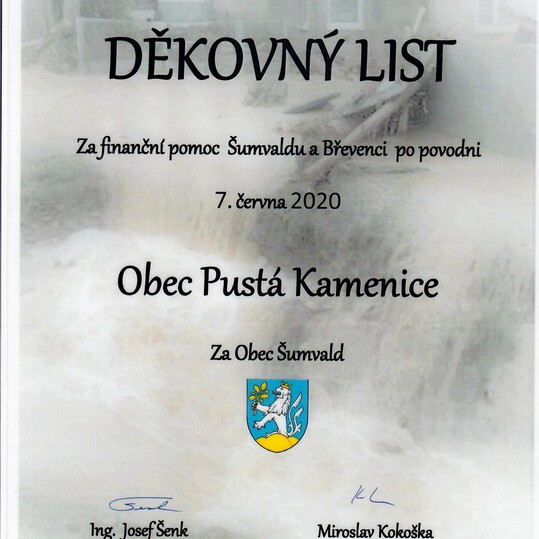 Poděkování obci Pustá Kamenice za finanční pomoc Šumvaldu a Břevenci po povodni 7.6.2020