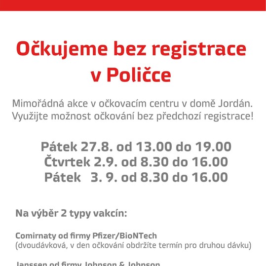 Mimořádná akce v očkovacím centru v domě Jordán v Poličce - využijte možnost očkování bez předchozí registrace !