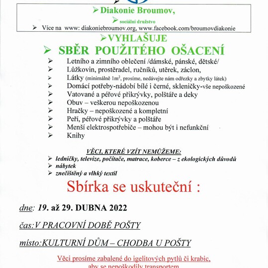 Diakonie Broumov - sběr použitého ošacení